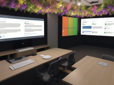 Alunos aprendendo a usar o Microsoft Project online, em um ambiente de treinamento moderno e interativo, focado em gerenciamento de projetos.