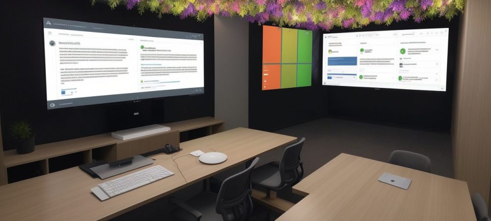 Alunos aprendendo a usar o Microsoft Project online, em um ambiente de treinamento moderno e interativo, focado em gerenciamento de projetos.