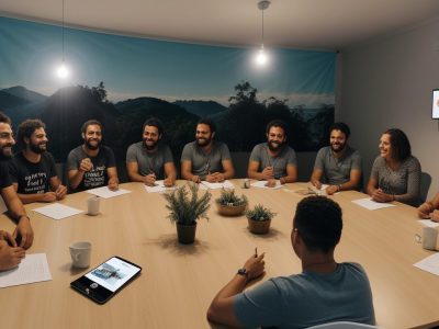 Imagem que ilustra a mobilização comunitária, com pessoas engajadas em atividades e um curso online de movimentos sociais em destaque.