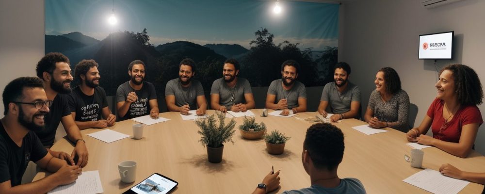 Imagem que ilustra a mobilização comunitária, com pessoas engajadas em atividades e um curso online de movimentos sociais em destaque.