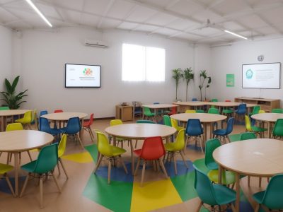 Estudantes e professor em sala de aula, criando e analisando um modelo de relatório descritivo para acompanhamento escolar.