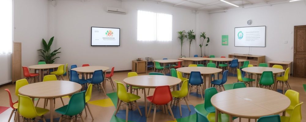 Estudantes e professor em sala de aula, criando e analisando um modelo de relatório descritivo para acompanhamento escolar.