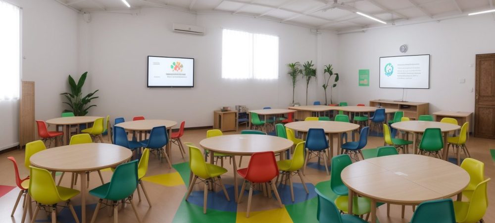 Modelo de Relatório Descritivo: Alunos Engajados em Sala de Aula Estudantes e professor em sala de aula, criando e analisando um modelo de relatório descritivo para acompanhamento escolar.