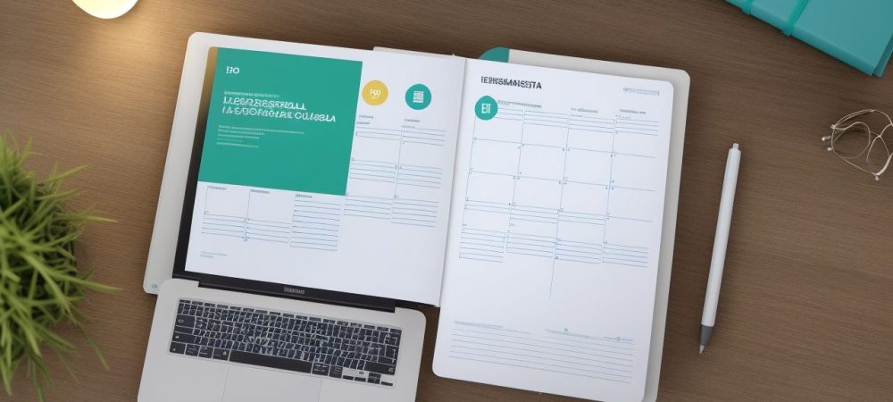 Ilustração de planejamento de projetos com fluxogramas, gráficos e ferramentas, representando a montagem eficiente e o ciclo de vida do projeto.