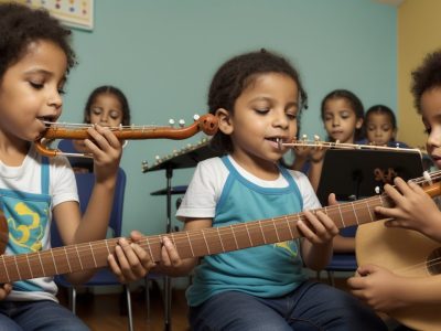 Crianças tocando instrumentos musicais em aulas de música online, com foco em teoria musical e desenvolvimento da criatividade.