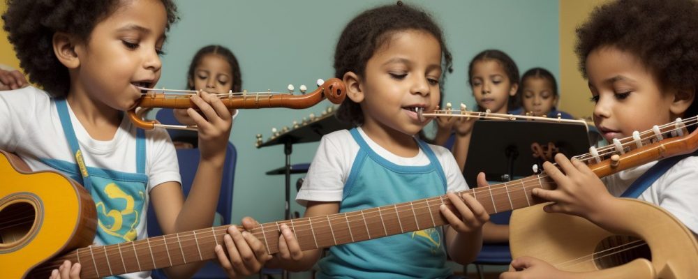 Crianças tocando instrumentos musicais em aulas de música online, com foco em teoria musical e desenvolvimento da criatividade.