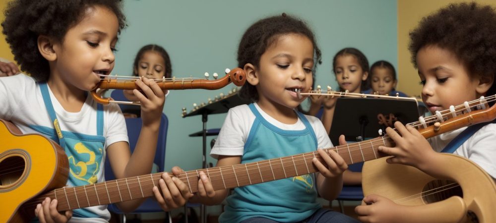 Crianças tocando instrumentos musicais em aulas de música online, com foco em teoria musical e desenvolvimento da criatividade.