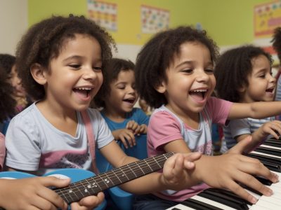 Crianças em sala de aula envolvidas em atividades musicais, como cantar e tocar instrumentos, explorando a música na educação infantil.