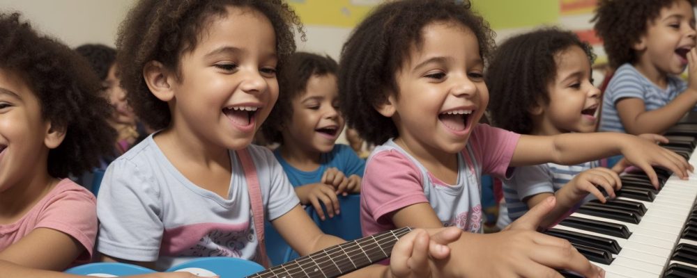 Crianças em sala de aula envolvidas em atividades musicais, como cantar e tocar instrumentos, explorando a música na educação infantil.