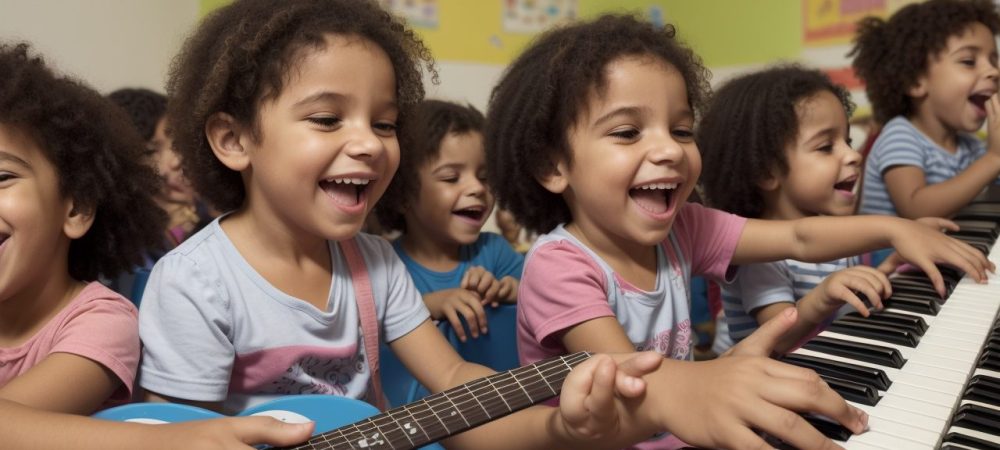 Crianças em sala de aula envolvidas em atividades musicais, como cantar e tocar instrumentos, explorando a música na educação infantil.