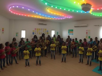 Crianças em uma sala de aula cantando e interagindo com instrumentos musicais, demonstrando a importância da música na educação infantil