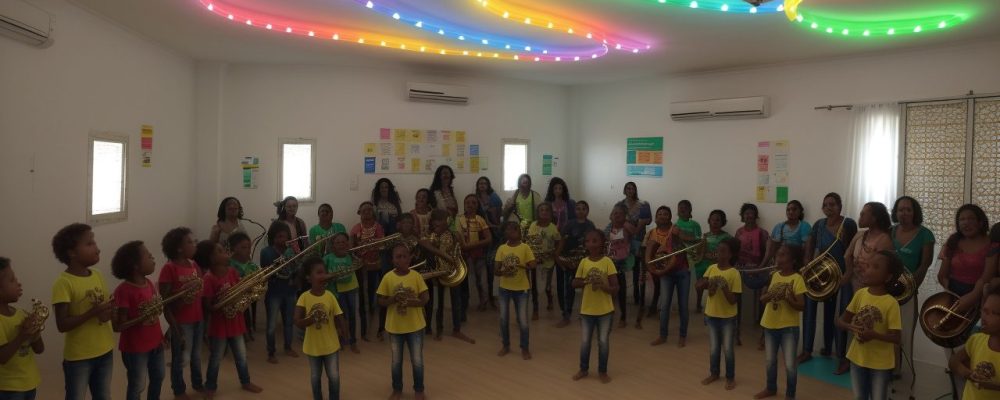 Crianças em uma sala de aula cantando e interagindo com instrumentos musicais, demonstrando a importância da música na educação infantil