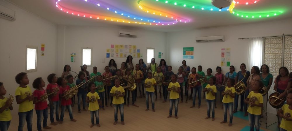 Música na Educação Infantil: Crianças Cantando e Explorando Crianças em uma sala de aula cantando e interagindo com instrumentos musicais, demonstrando a importância da música na educação infantil
