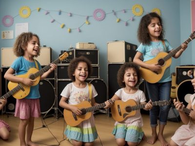Crianças tocando instrumentos musicais em uma sala de aula, com teoria musical e aulas de música online como recursos
