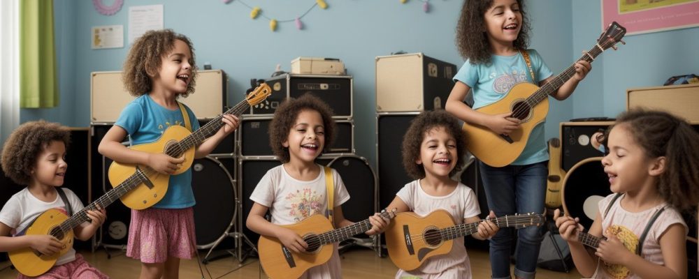 Crianças tocando instrumentos musicais em uma sala de aula, com teoria musical e aulas de música online como recursos