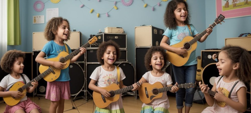 Crianças tocando instrumentos musicais em uma sala de aula, com teoria musical e aulas de música online como recursos