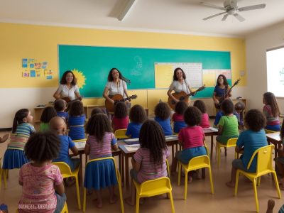 Crianças em aula de musicalização, interagindo com instrumentos musicais e explorando a arte da educação musical.