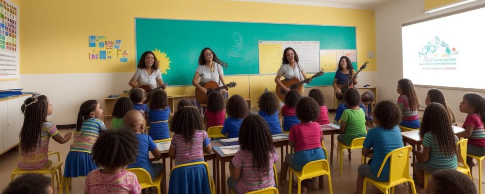 Crianças em aula de musicalização, interagindo com instrumentos musicais e explorando a arte da educação musical.