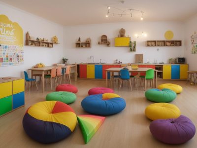 Crianças em uma sala de aula participando de aulas de música, com instrumentos e atividades lúdicas.