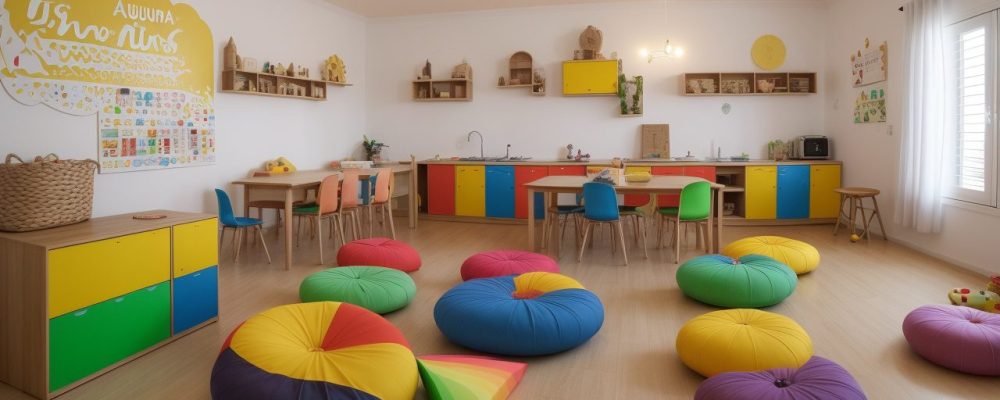 Crianças em uma sala de aula participando de aulas de música, com instrumentos e atividades lúdicas.