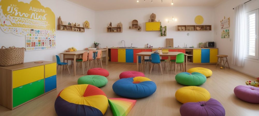 Crianças em uma sala de aula participando de aulas de música, com instrumentos e atividades lúdicas.