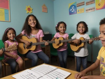 Crianças em aula de música, tocando instrumentos e aprendendo sobre musicalização infantil