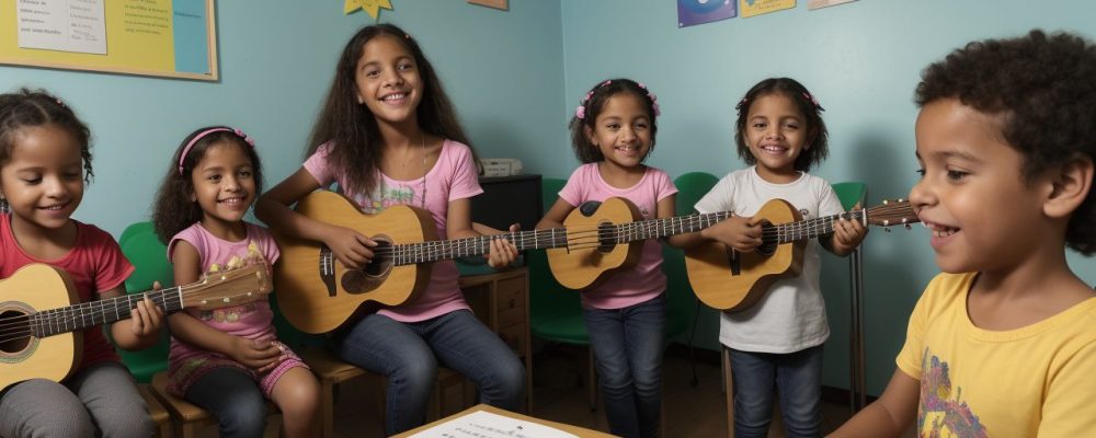 Crianças em aula de música, tocando instrumentos e aprendendo sobre musicalização infantil