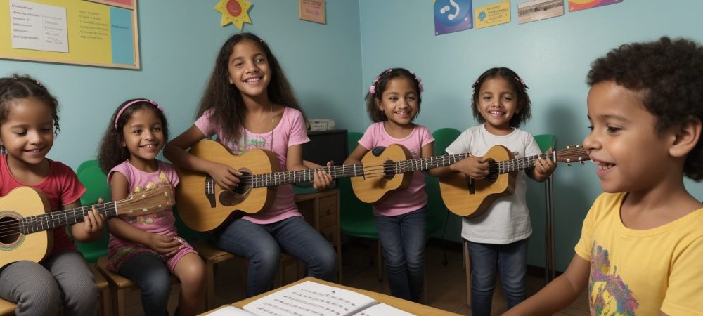 Crianças em aula de música, tocando instrumentos e aprendendo sobre musicalização infantil