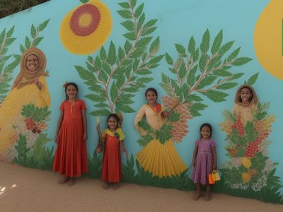 Crianças em refeitório escolar, comendo refeições nutritivas e aprendendo sobre educação nutricional