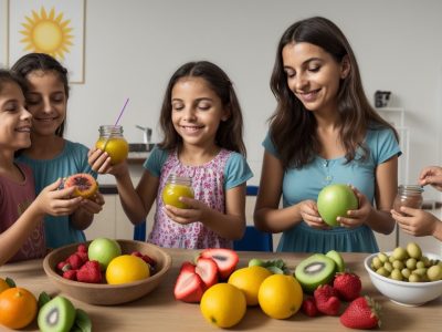 Crianças em uma escola se alimentando de forma saudável na merenda escolar, representando a nutrição infantil e a educação nutricional.