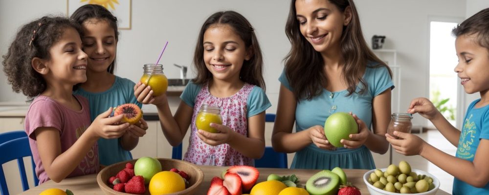 Crianças em uma escola se alimentando de forma saudável na merenda escolar, representando a nutrição infantil e a educação nutricional.