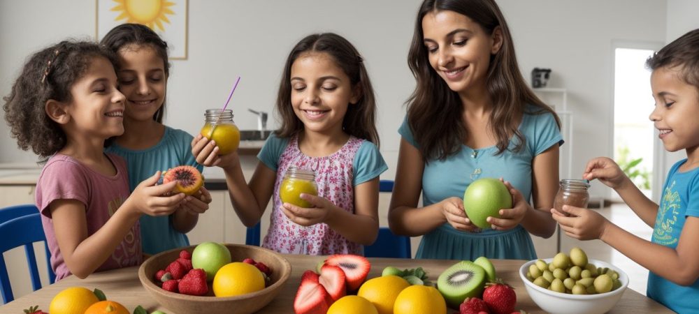 Crianças em uma escola se alimentando de forma saudável na merenda escolar, representando a nutrição infantil e a educação nutricional.