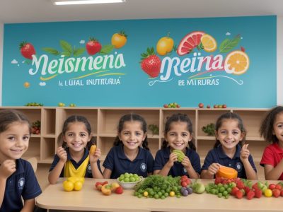Crianças sorrindo e apreciando uma merenda escolar colorida e nutritiva, promovendo a alimentação saudável e a educação nutricional.