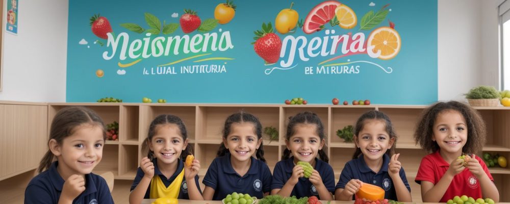 Crianças sorrindo e apreciando uma merenda escolar colorida e nutritiva, promovendo a alimentação saudável e a educação nutricional.