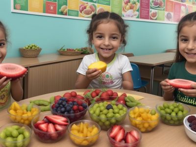 Crianças em uma escola desfrutando de uma merenda escolar nutritiva e colorida, com foco em alimentação saudável.