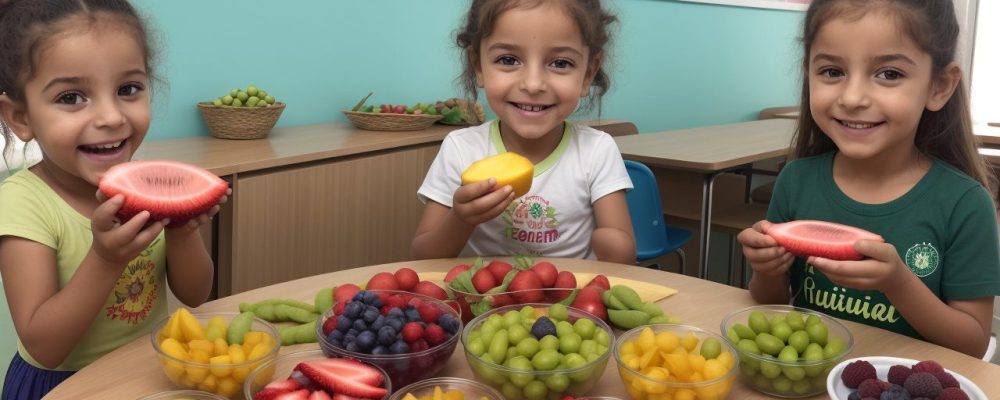 Crianças em uma escola desfrutando de uma merenda escolar nutritiva e colorida, com foco em alimentação saudável.