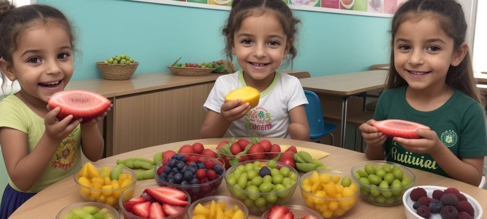 Crianças em uma escola desfrutando de uma merenda escolar nutritiva e colorida, com foco em alimentação saudável.