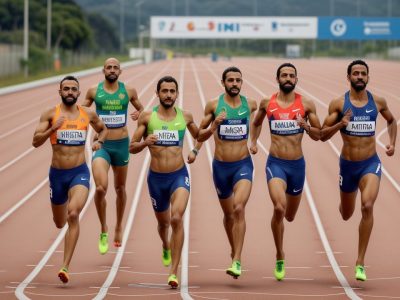 Representação visual da nutrição esportiva com alimentos saudáveis e um atleta em ação, focando na dieta para atletas e performance.