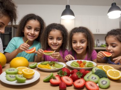 Criança sorrindo, recebendo alimentos saudáveis, em um ambiente acolhedor, representando a nutrição infantil e os benefícios de um curso online sobre o tema