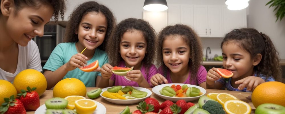 Criança sorrindo, recebendo alimentos saudáveis, em um ambiente acolhedor, representando a nutrição infantil e os benefícios de um curso online sobre o tema
