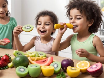 Criança feliz comendo alimentos saudáveis, representando nutrição infantil e curso online