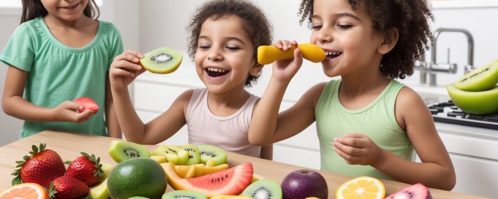 Criança feliz comendo alimentos saudáveis, representando nutrição infantil e curso online