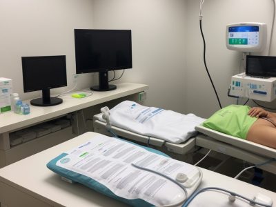 Imagem ilustrativa mostrando a administração de nutrição parenteral em um ambiente hospitalar, com foco em detalhes e equipamentos.