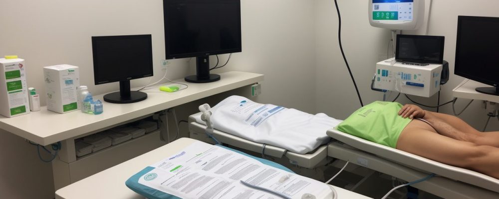 Imagem ilustrativa mostrando a administração de nutrição parenteral em um ambiente hospitalar, com foco em detalhes e equipamentos.