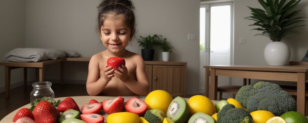 Ilustração de uma gestante sorrindo, comendo alimentos saudáveis, representando a importância da nutrição na gestação e vitaminas para gestantes.