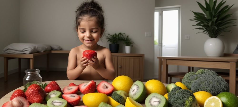 Ilustração de uma gestante sorrindo, comendo alimentos saudáveis, representando a importância da nutrição na gestação e vitaminas para gestantes.