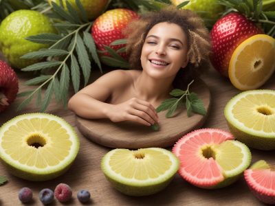 Ilustração de mulher grávida feliz, cercada por alimentos saudáveis e vitaminas, representando a importância da nutrição na gestação para a saúde da mãe e do bebê.