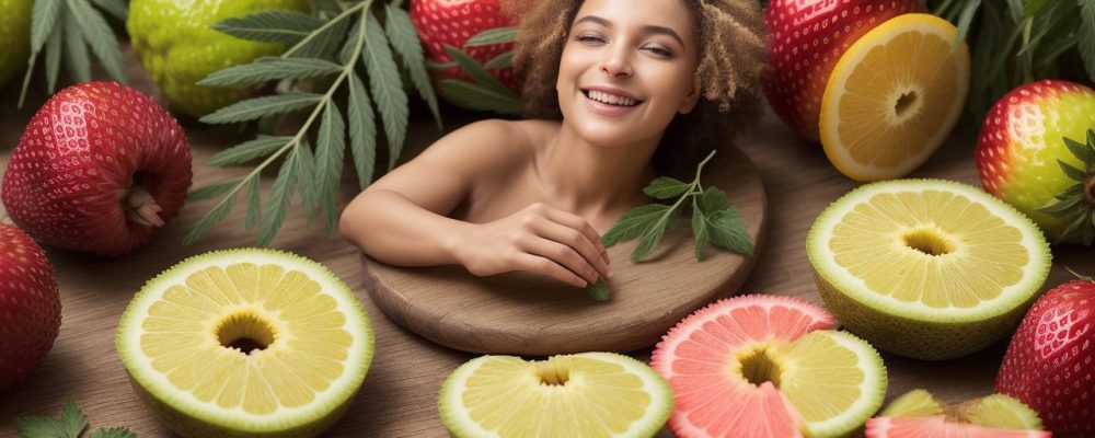 Ilustração de mulher grávida feliz, cercada por alimentos saudáveis e vitaminas, representando a importância da nutrição na gestação para a saúde da mãe e do bebê.