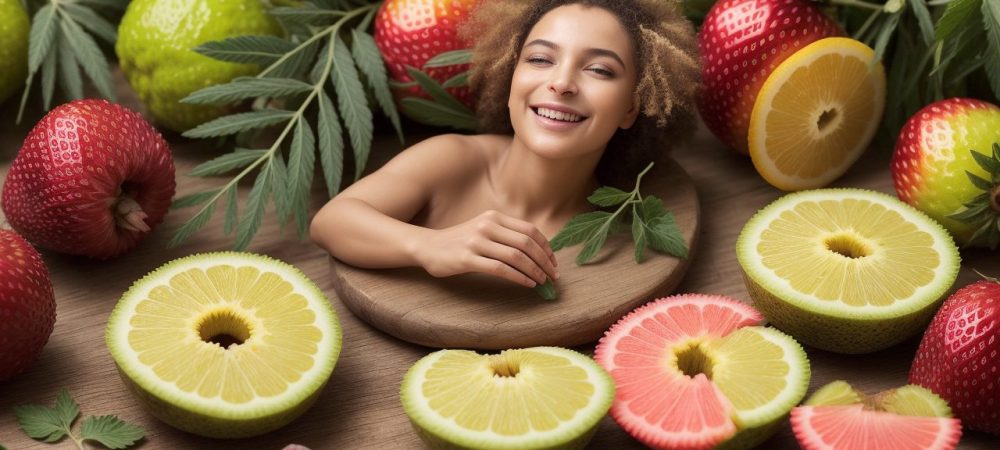 Ilustração de mulher grávida feliz, cercada por alimentos saudáveis e vitaminas, representando a importância da nutrição na gestação para a saúde da mãe e do bebê.