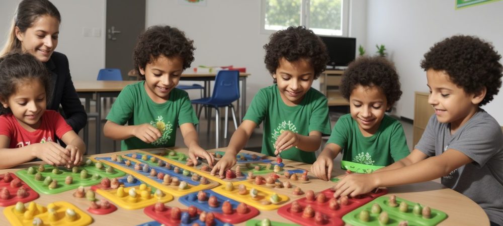 Crianças praticando exercícios físicos em um ambiente escolar ensolarado, com refeições saudáveis e um cardápio para crianças obesas expostos.